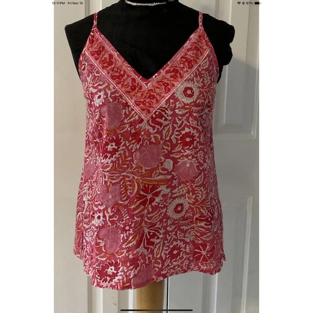 La Plage Womans Small Pink Floral Tassel Tie Spaghetti Strap Top/Blouse NEW $95